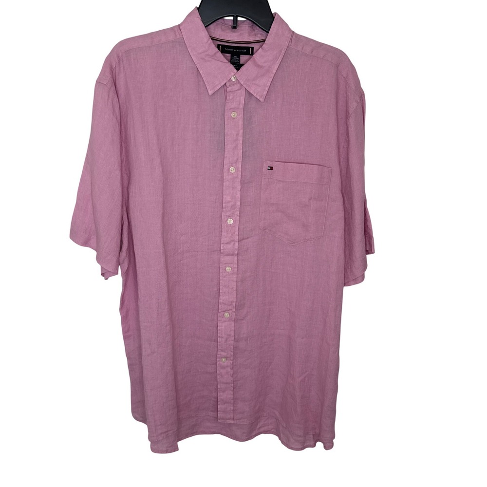 Tommy Hilfiger Men's‎ Pink Linen Regular Fit Short Sleeve Button Down Shirt XXL